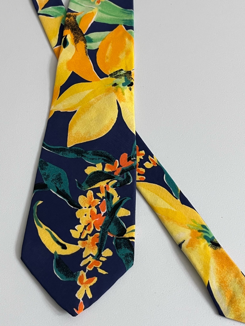 Navy Floral Silk Tie with Yellow Bloom